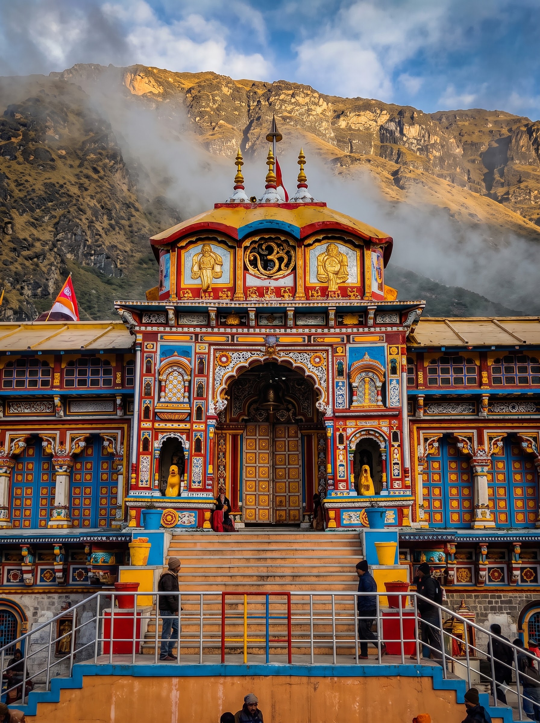 Badrinath Temple facade in bright morning light